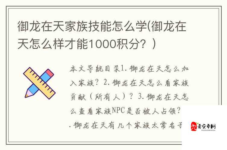 御龙在天手游深度解析，家族工资与技能全揭秘